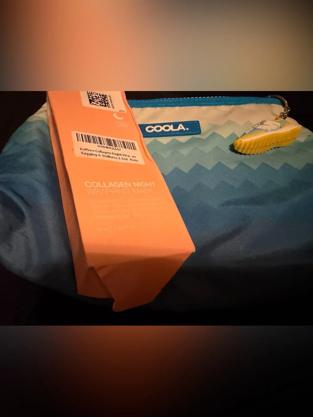 COOLA Blue Chevron Makeup Pouch with Yellow Zipper Pull
